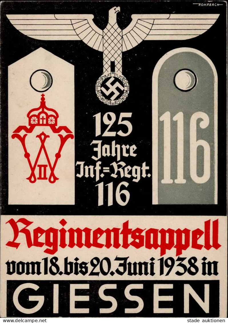 GIESSEN WK II - REGIMENTSAPPELL 125 Jahre INF-REGT. 116 GIESSEN 1938 Sign. Künstlerkarte I - Guerre 1939-45