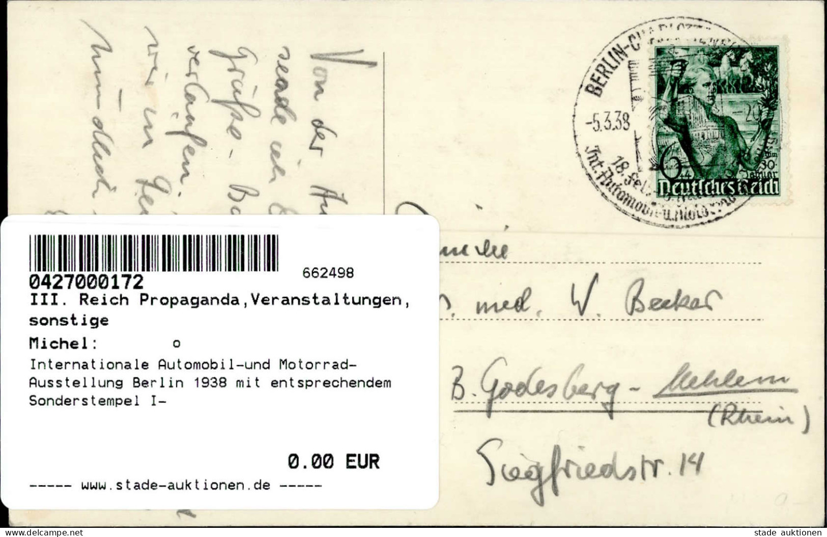 Internationale Automobil-und Motorrad-Ausstellung Berlin 1938 Mit Entsprechendem Sonderstempel I- Expo - War 1939-45