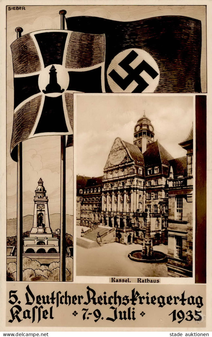 KASSEL WK II - NS-Flaggenkarte 5.DEUTSCHER REICHSKRIEGERTAG KASSEL 1935 Künstlerkarte Sign. Sieber I - Weltkrieg 1939-45