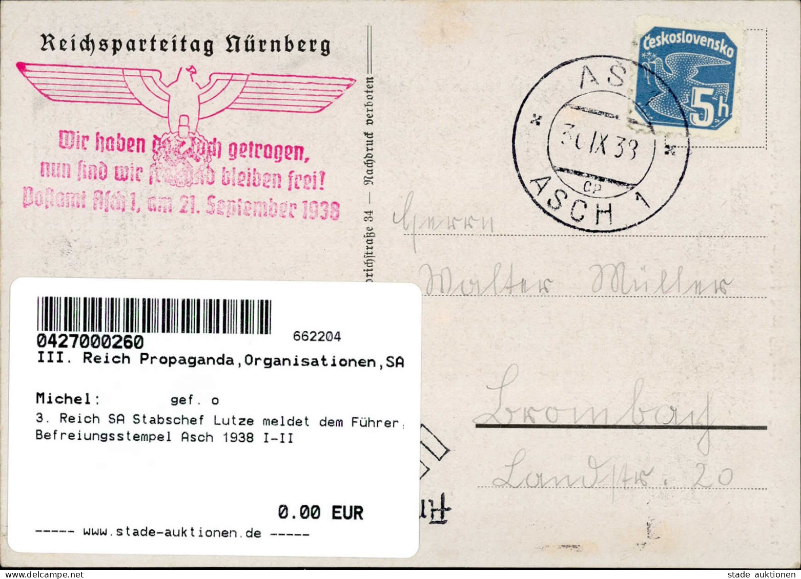 3. Reich SA Stabschef Lutze Meldet Dem Führer, Befreiungsstempel Asch 1938 I-II - War 1939-45