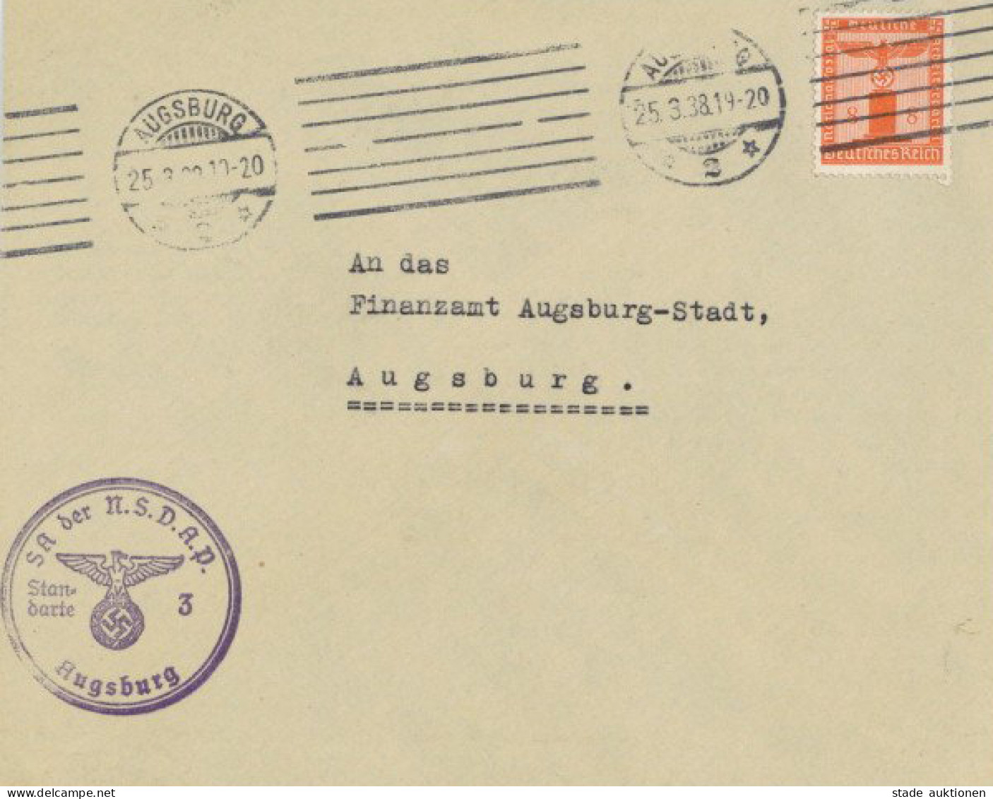 SA Der NSDAP Standarte 3 Augsburg Dienstpost Parteidienstmarke EF 1938 I- - Weltkrieg 1939-45