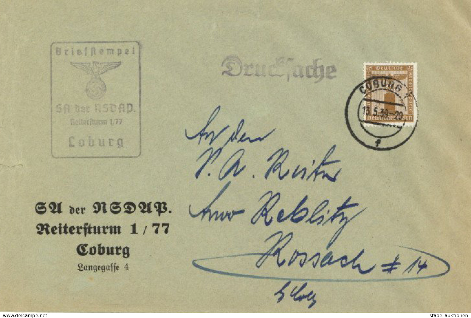WK II SA Der NSDAP Reitersturm 1/77 Coburg Dienstbrief (ohne Inhalt) Partei-Dienstmarke EF 1939 I-II (links Einriß) - War 1939-45