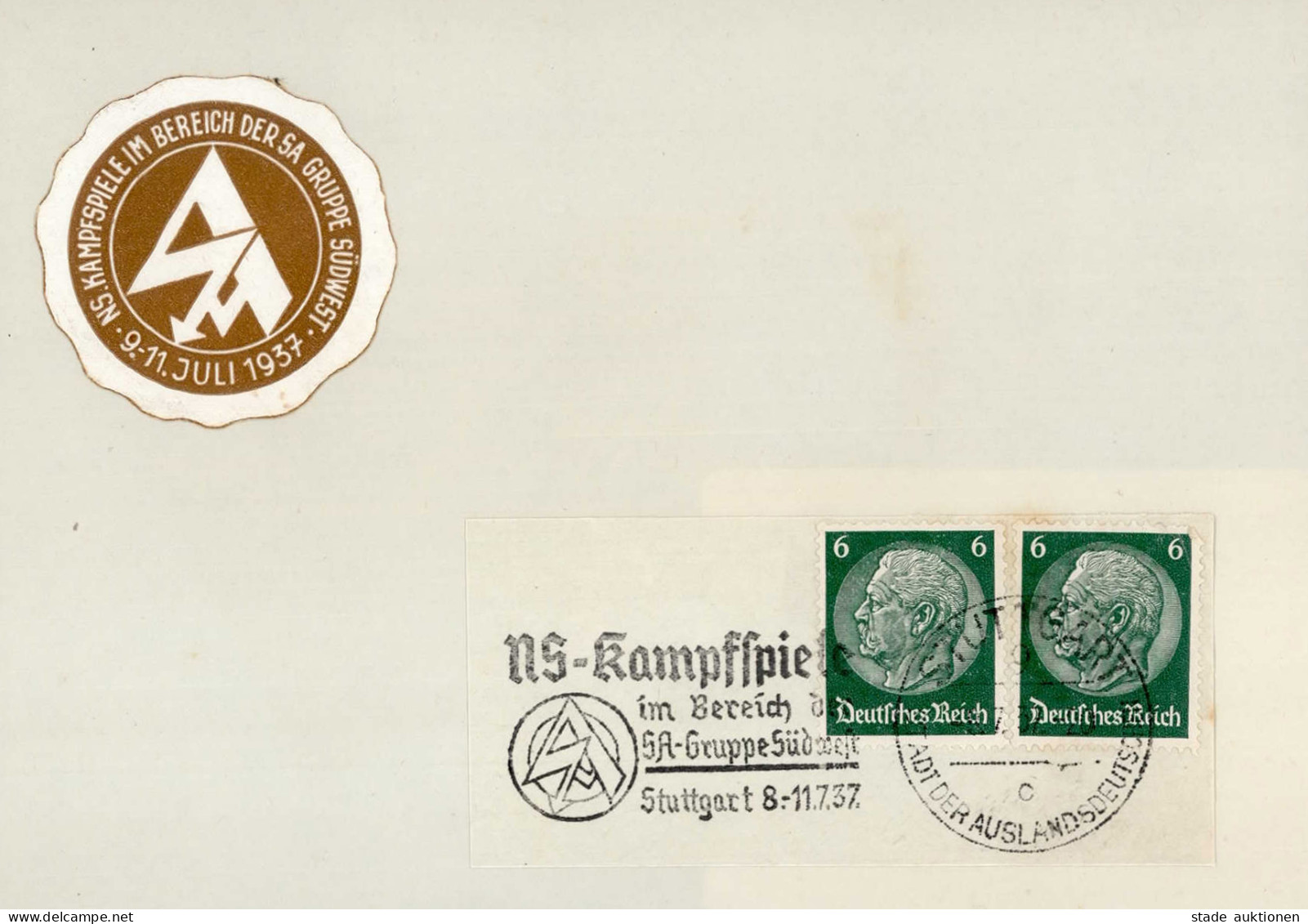 WK II SA Vignette NS-Kampfspiele 1937 Neben Briefausschnitt (Werbestempel Mit Gleichem Inhalt) - Guerre 1939-45