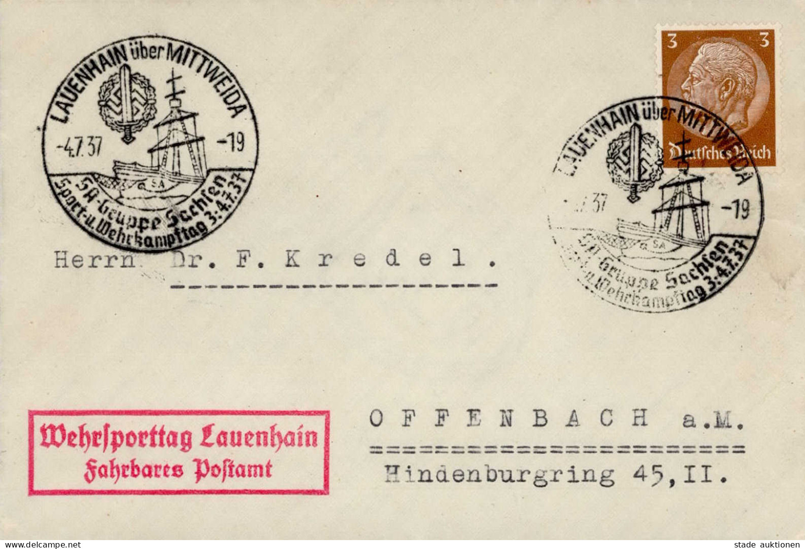 WK II SA Wehrsporttag Lauenhain (Fahrbares Postamt) Sonderstempel über Mittweida 1937 - Guerre 1939-45