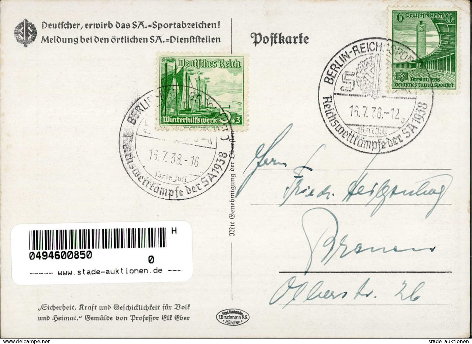 WK II SA Reichswettkämpfe Sign. Eber, Elk I-II (kl. Eckbug) - Weltkrieg 1939-45