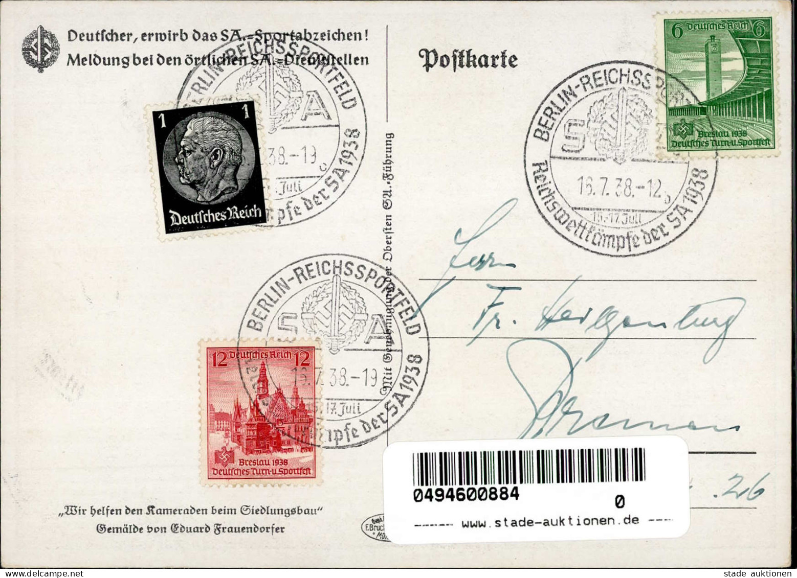 WK II SA Wir Helfen Den Kameraden Beim Siedlungsbau Sign. Frauendorfer, Eduard I-II - Guerre 1939-45