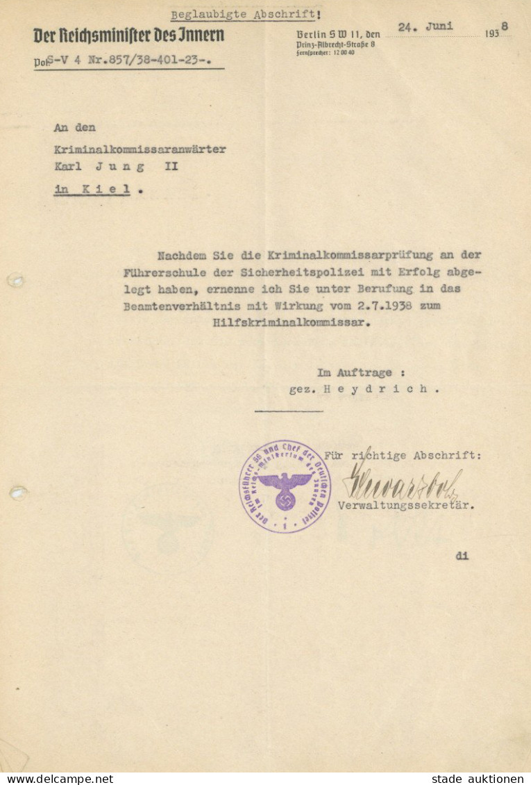 SS 3 Dokumente Von Jung, Karl U.a. Vom Reichsminister Des Inneren Zur Ernennung Zum Hilfskriminalkommissar 1938 I-II (ge - Weltkrieg 1939-45