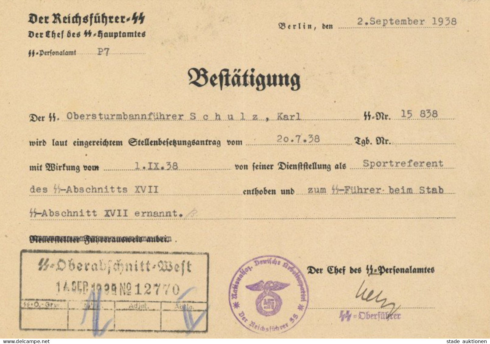 SS Bestädigungsschreiben Von Obersturmbannführer Schulz, Karl Zur Ernennung Vom Sportreferent Zum SS-Führer Beim Stab SS - War 1939-45