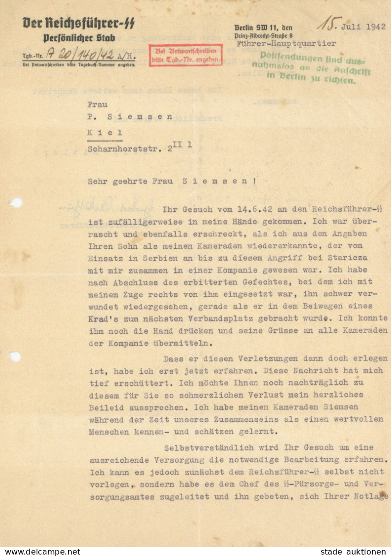 SS Dokument Briefinhalt Vom SS-Untersturmführer An Frau Siemsen, P. über Eine Nachprüfung Von Versorgungsbezügen 15.07.1 - Weltkrieg 1939-45