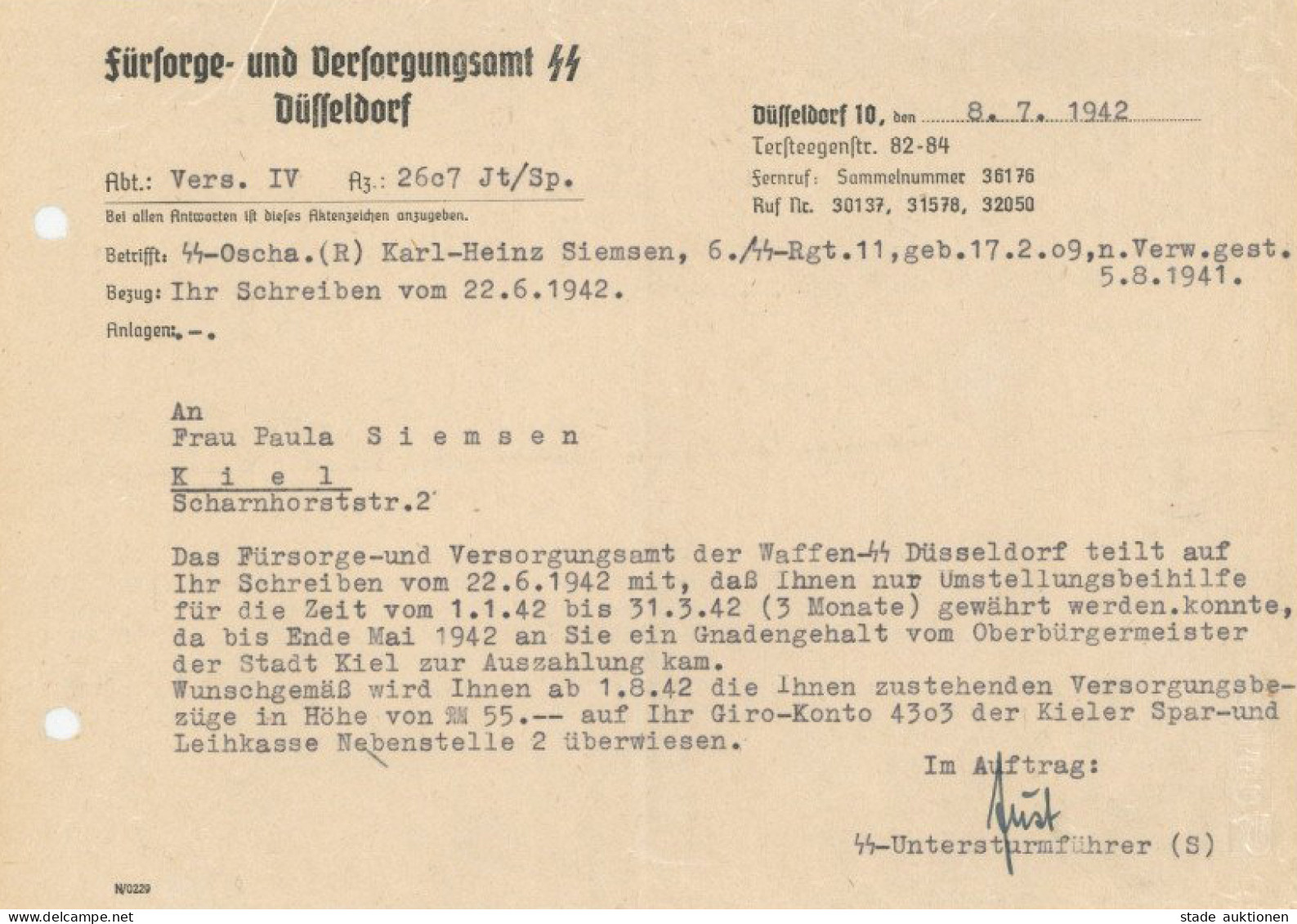 SS Dokument Briefinhalt Von Dem Fürsorge Und Versorgungsamtes Der Waffen-SS über Versorgungsbezüge An Frau Siemsen, Paul - War 1939-45