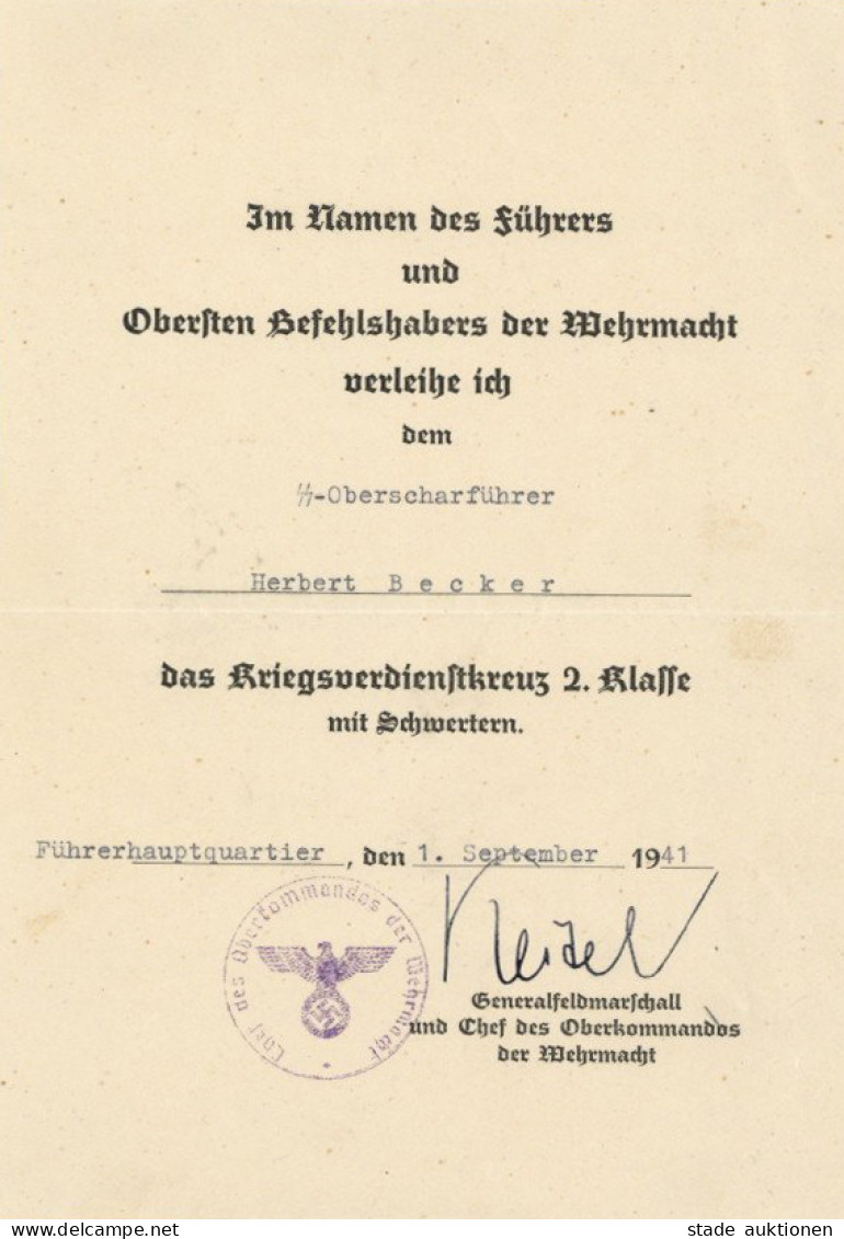 SS Dokument über Die Verleihung Des Kriegsverdienstkreuzes 2. Klasse Mit Schwertern An SS-Oberscharführer Becker, Herber - Weltkrieg 1939-45