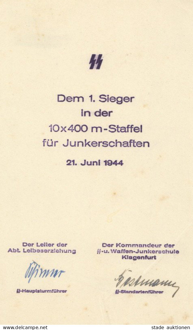 SS Dokument Urkunde Dem 1. Sieger Der 10 X 400m Staffel Für Junkerschaften 21. Juni 1944 II (fleckig) - Guerra 1939-45