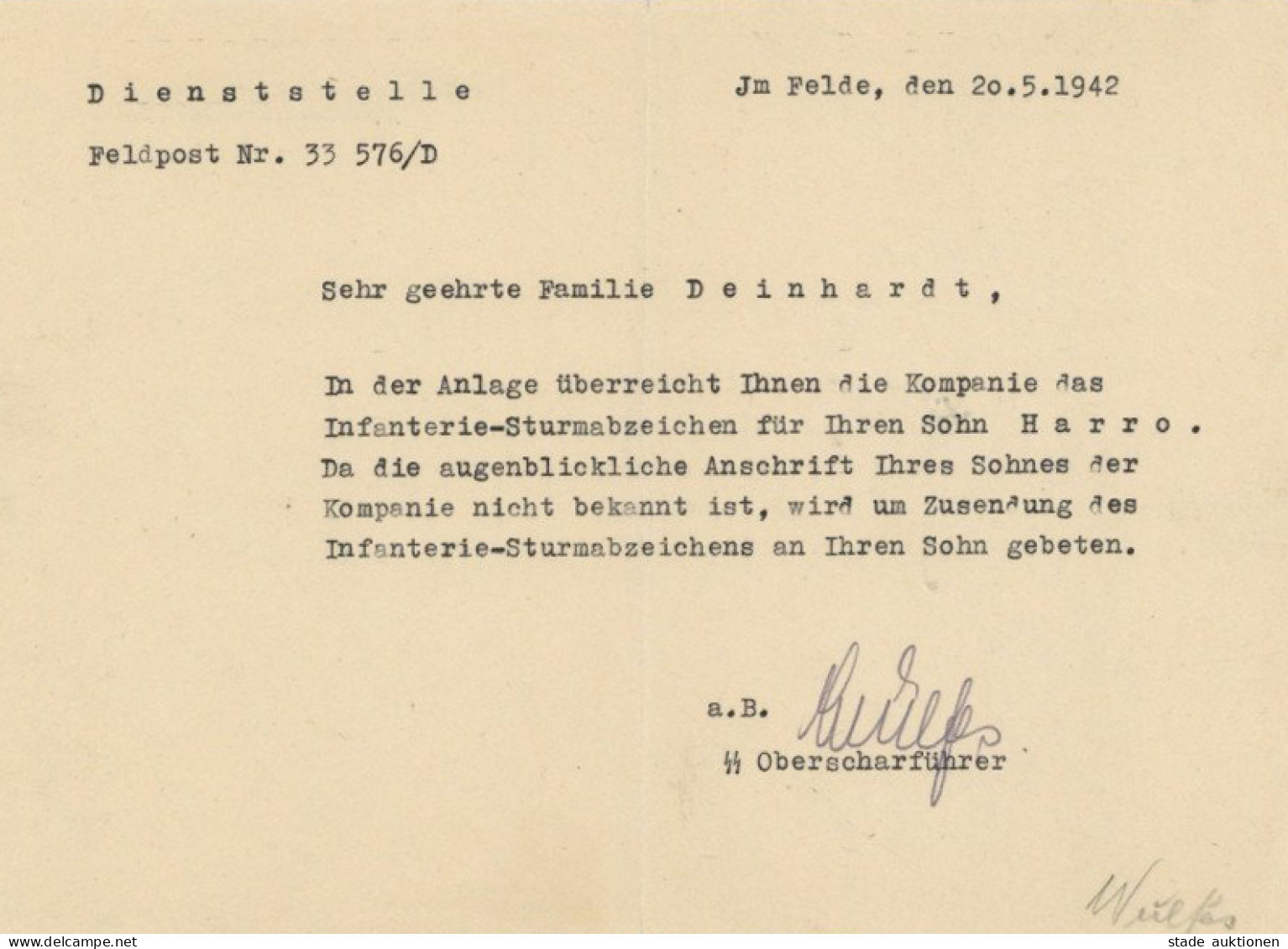 SS Feldpost Nr. 33 576 D Briefinhalt über Die Überreichung Des Infanterie Sturmabzeichens Für Sohn Deinhardt, Harro 20.0 - Weltkrieg 1939-45