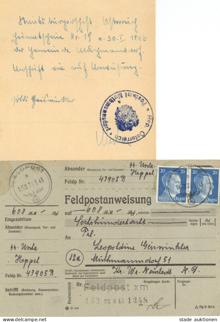 SS Feldpost WK II 16. Pz. Grenadier-Division Reichsführer-SS Feldpostanweisung MeF Vom 22.3.1945 (!) Überroller - Oorlog 1939-45