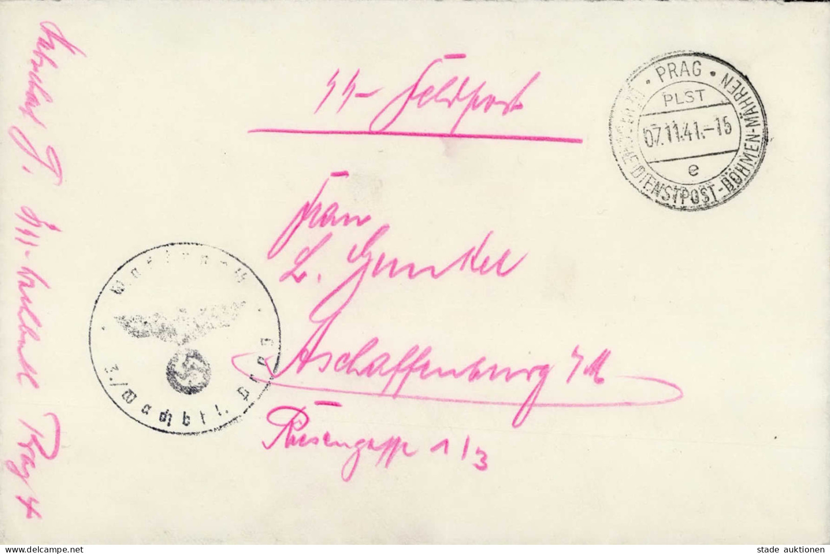 SS Feldpost WK II 3. SS-Wachbtl. Prag Mit PLST-Stempel Prag 1941 (R) I- - Guerra 1939-45