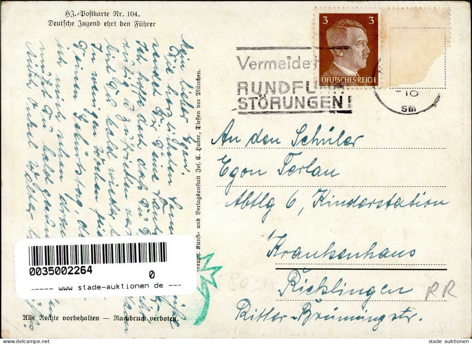 HITLER-JUGEND WK II - HJ-Postkarte Nr. 104 - DEUTSCHE JUGEND Ehrt Den FÜHRER Sign. Spingler Ecke Gestoßen! II - War 1939-45