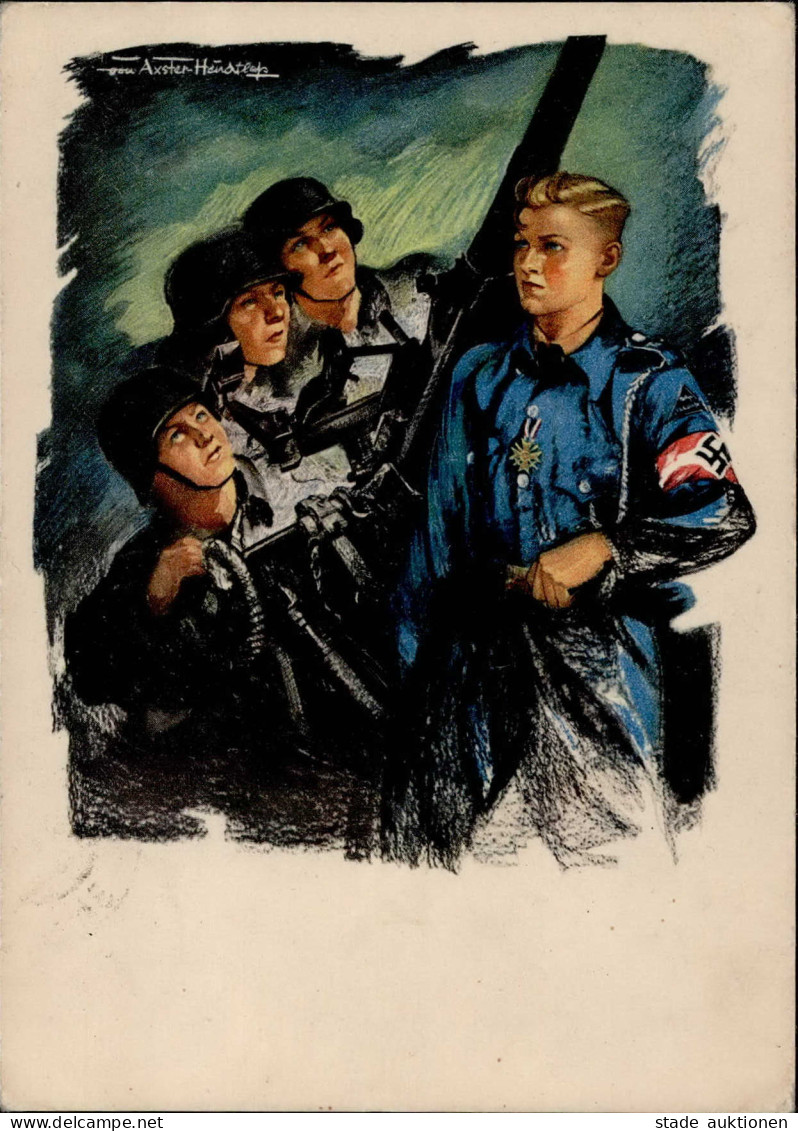 HITLERJUGEND WK II - KRIEGSEINSATZ Der HJ LUFTWAFFENHELFER Künstlerkarte Sign. Axster-Heudtlaß 1943 I-II - Weltkrieg 1939-45