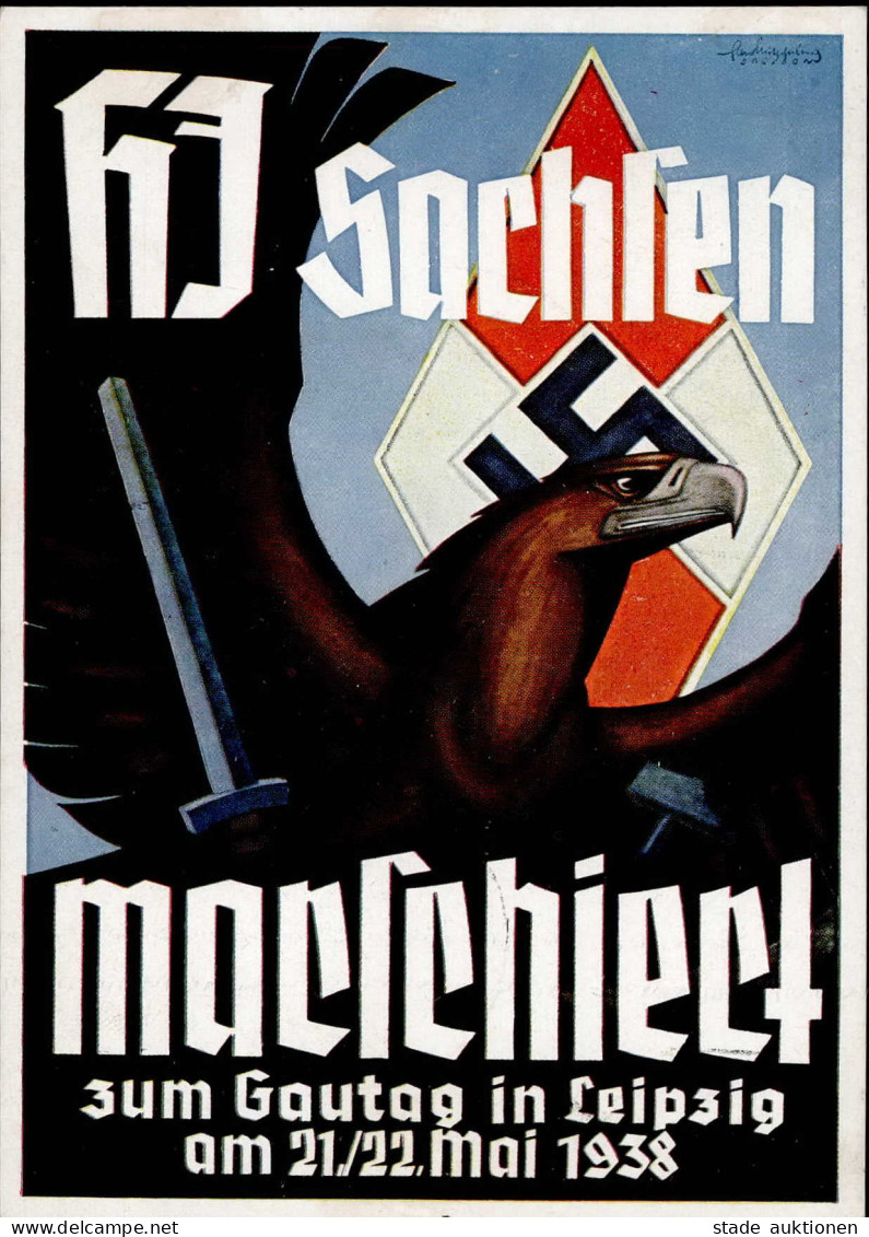 HITLERJUGEND WK II -HJ Marschiert GAUTAG SACHSEN LEIPZIG 1938 S-o Sign. Künstlerkarte I - Oorlog 1939-45