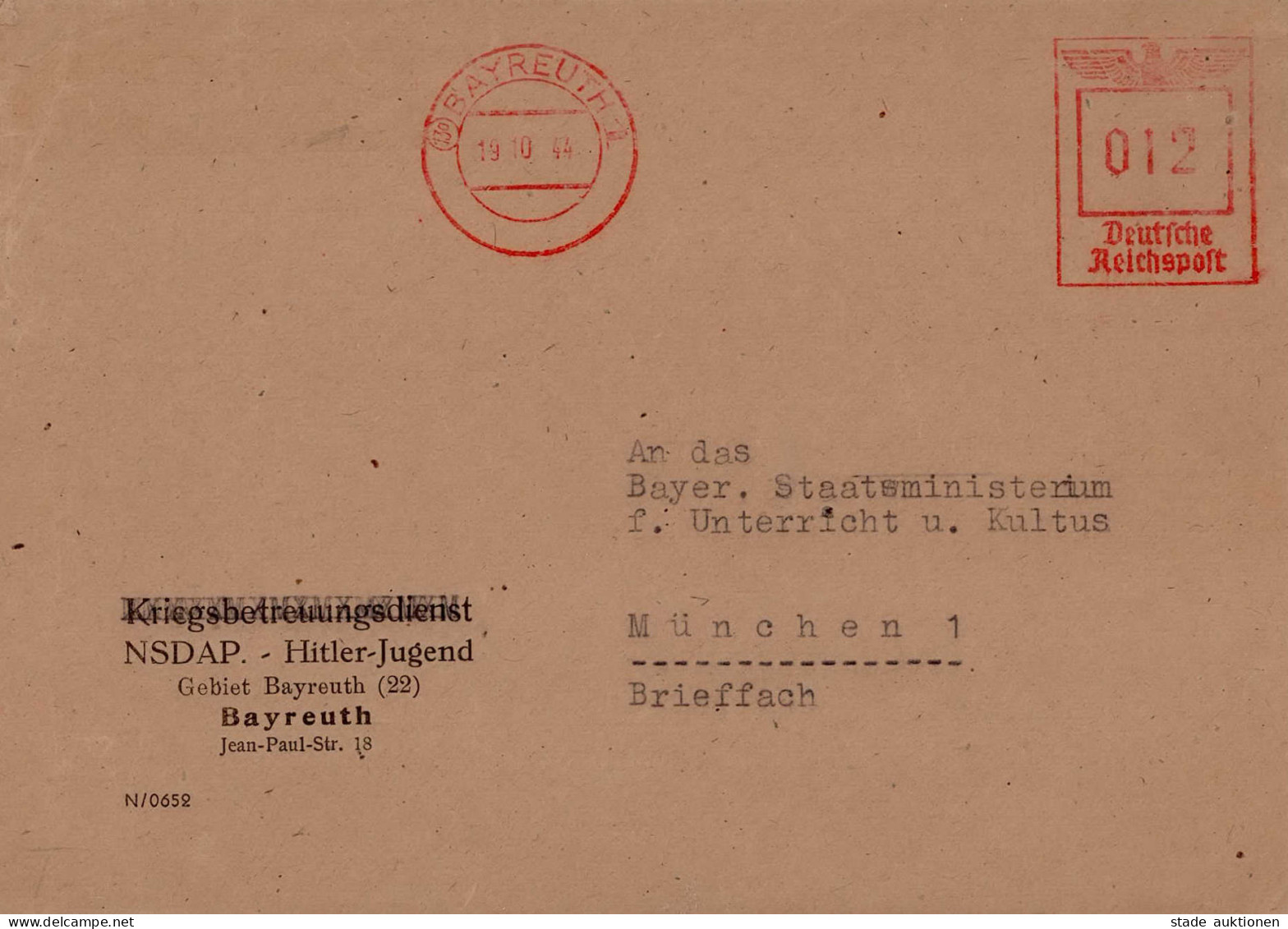 NSDAP HJ Hitlerjugend Gebiet Bayreuth 22 (ursprünglich Kriegsbetreuungsdienst, Freistempler 1944 I-II - Oorlog 1939-45