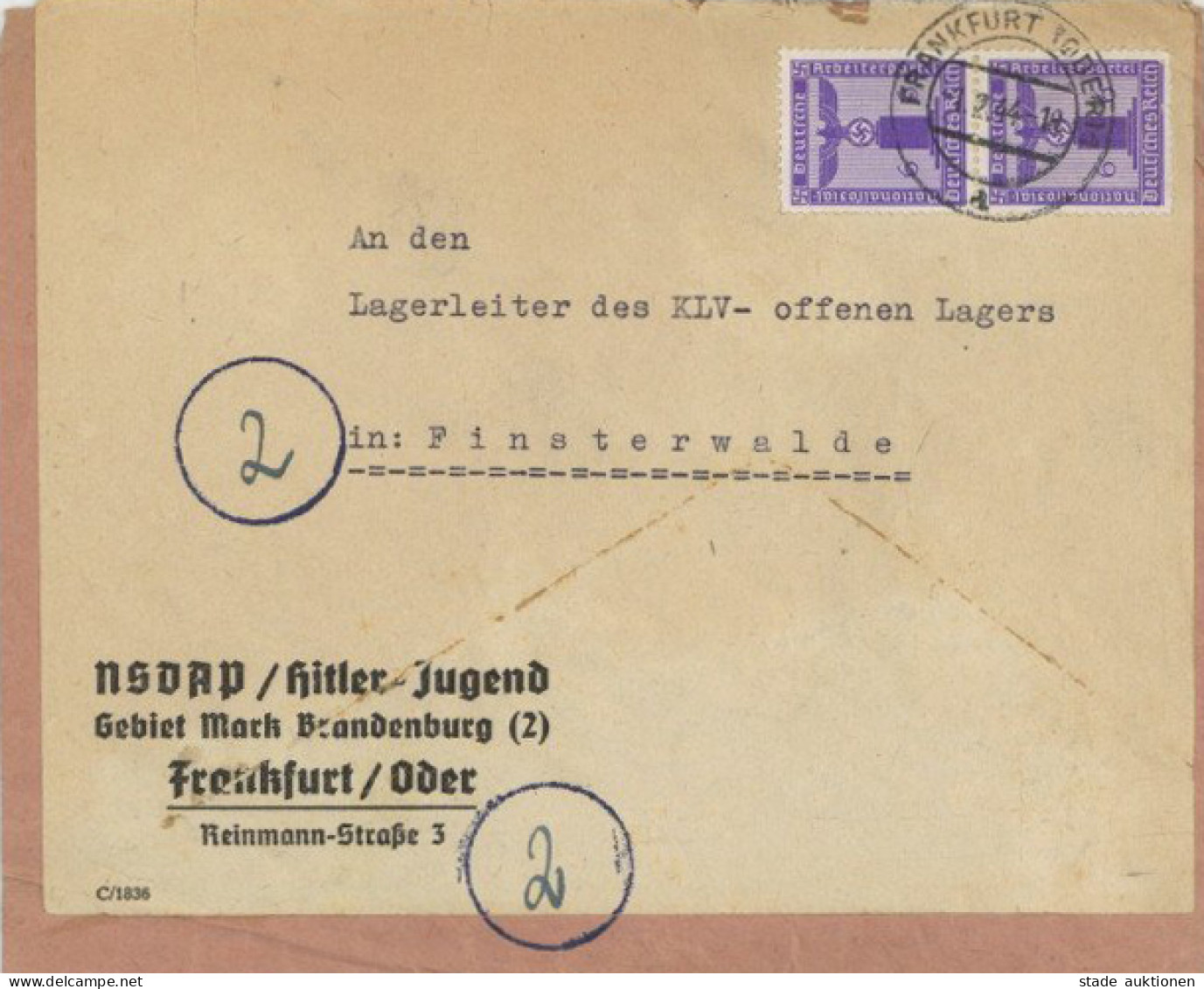 NSDAP HJ Hitlerjugend Gebiet Mark Brandenburg 2 Frankfurt/Oder Dienstbrief Mit Partei-Dienstmarken MeF An Den Lagerleite - Weltkrieg 1939-45