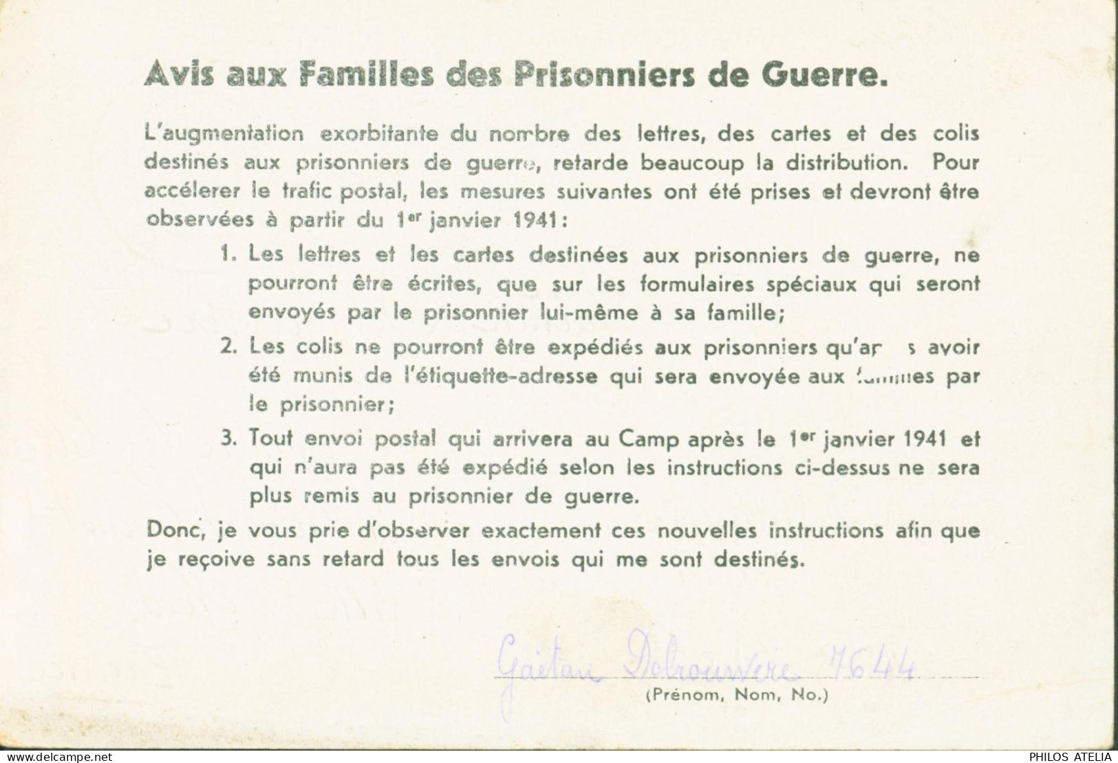 Guerre 40 Prisonnier Français Formulaire Avec Instructions Aux Familles Pr Envoi Colis Lettres Stalag XII C WIEBELSHEIM - Gevangenenpost