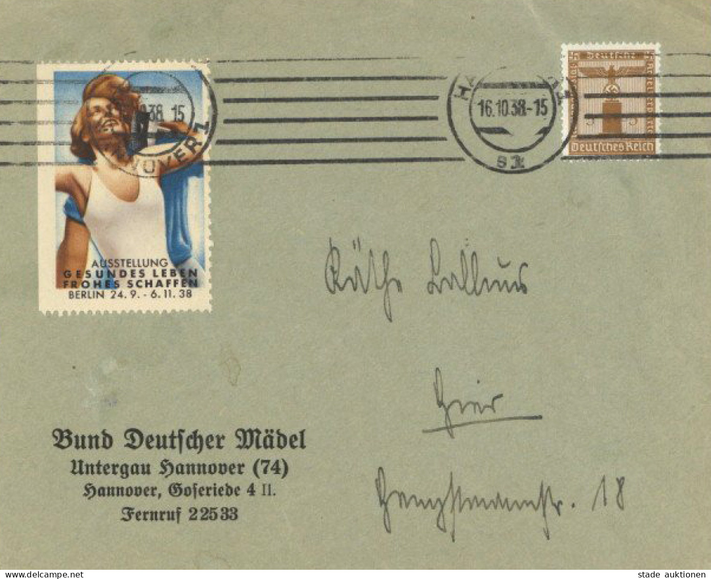 BDM Bund Deutscher Mädel Dienstbrief Parteidienstmarke EF Untergau Hannover 74 Mit Vignette 1938 - War 1939-45