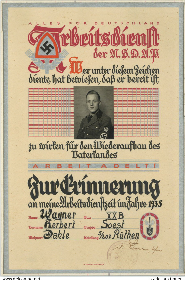 WK II RAD Reichsarbeitsdienst Urkunde Von Wagner, Herbert Zur Arbeitsdienstzeit Im Jahr 1935 Eingerahmt I-II - Weltkrieg 1939-45