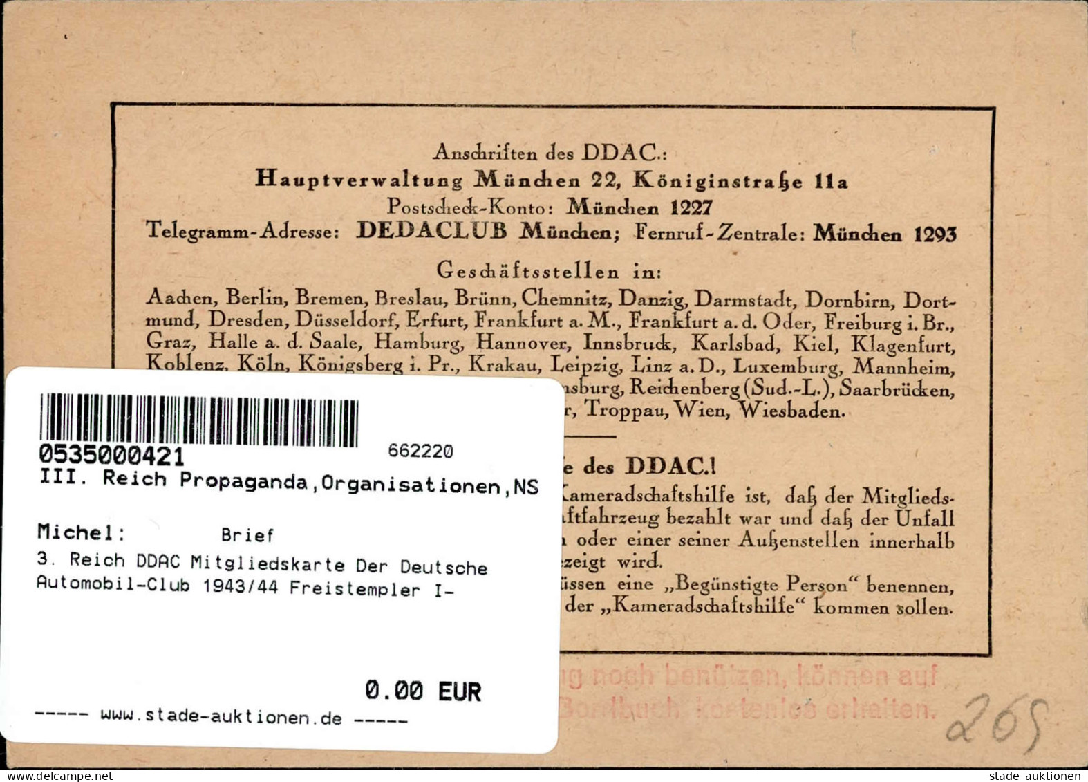 3. Reich DDAC Mitgliedskarte Der Deutsche Automobil-Club 1943/44 Freistempler I- - Guerre 1939-45