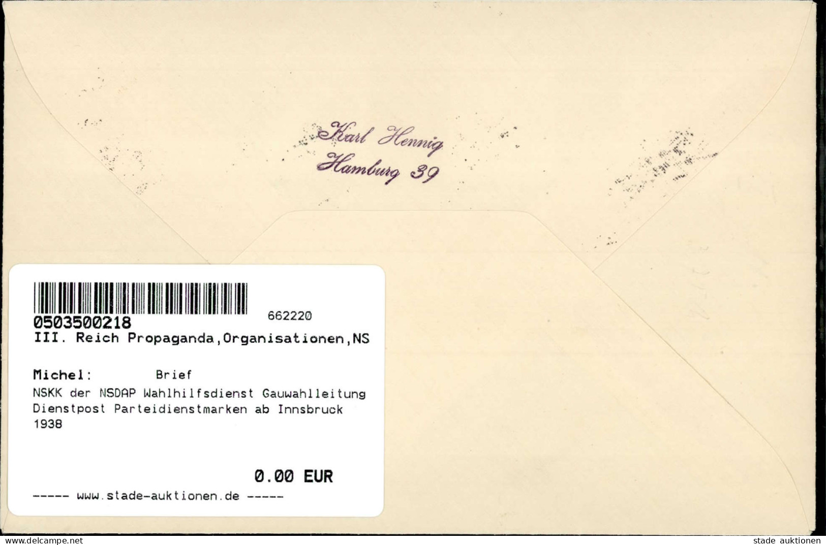 NSKK Der NSDAP Wahlhilfsdienst Gauwahlleitung Dienstpost Parteidienstmarken Ab Innsbruck 1938 - Weltkrieg 1939-45