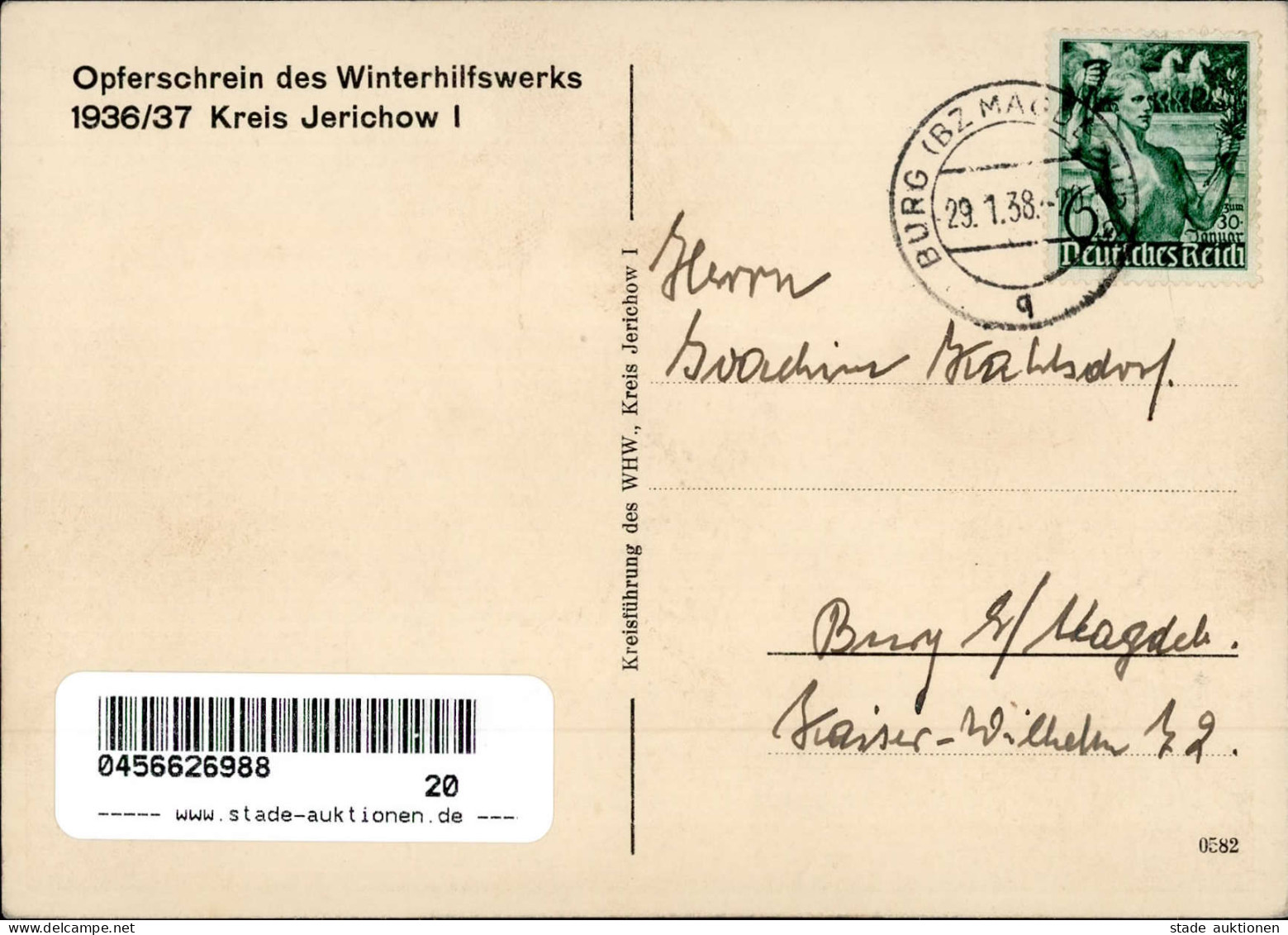 WHW WK II - OPFERSCHREIN Des WINTERHILFSWERKS 1936/37 Kreis JERICHOW  Selten! I - Weltkrieg 1939-45