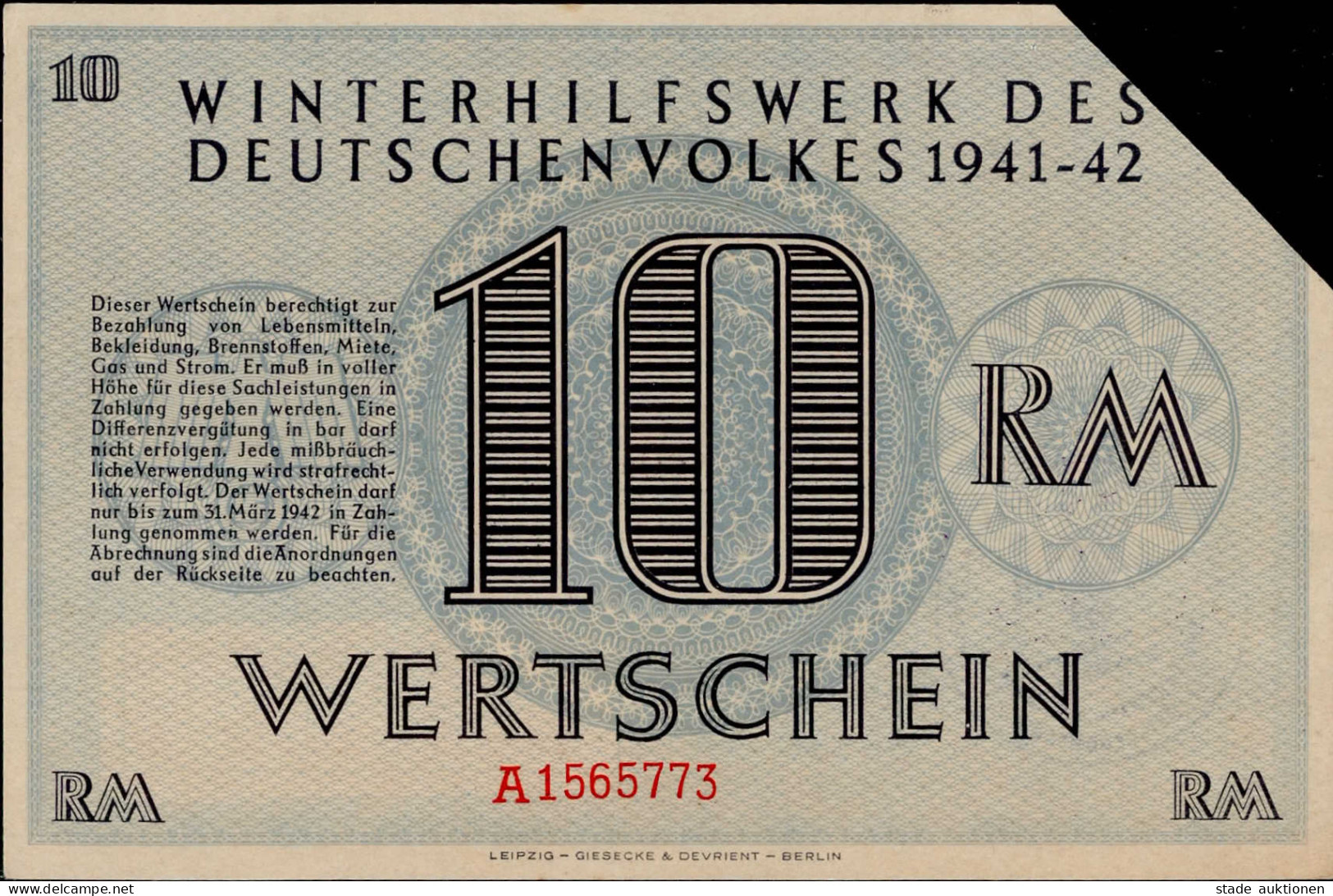 WHW WK II - WHW 1941/42 10 RM WERTSCHEIN Entwertet I-II - War 1939-45