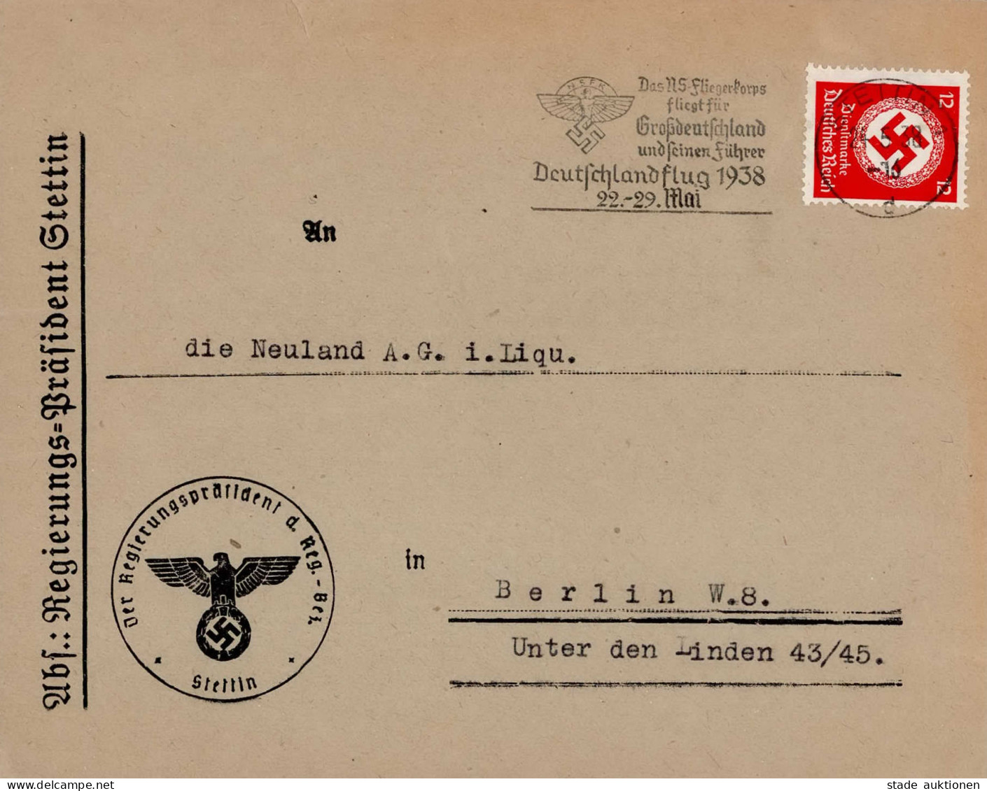 Dienstbrief Landesbehörden Regierungspräsident Stettin 1938 I-II (Bug, Einriß) - Weltkrieg 1939-45