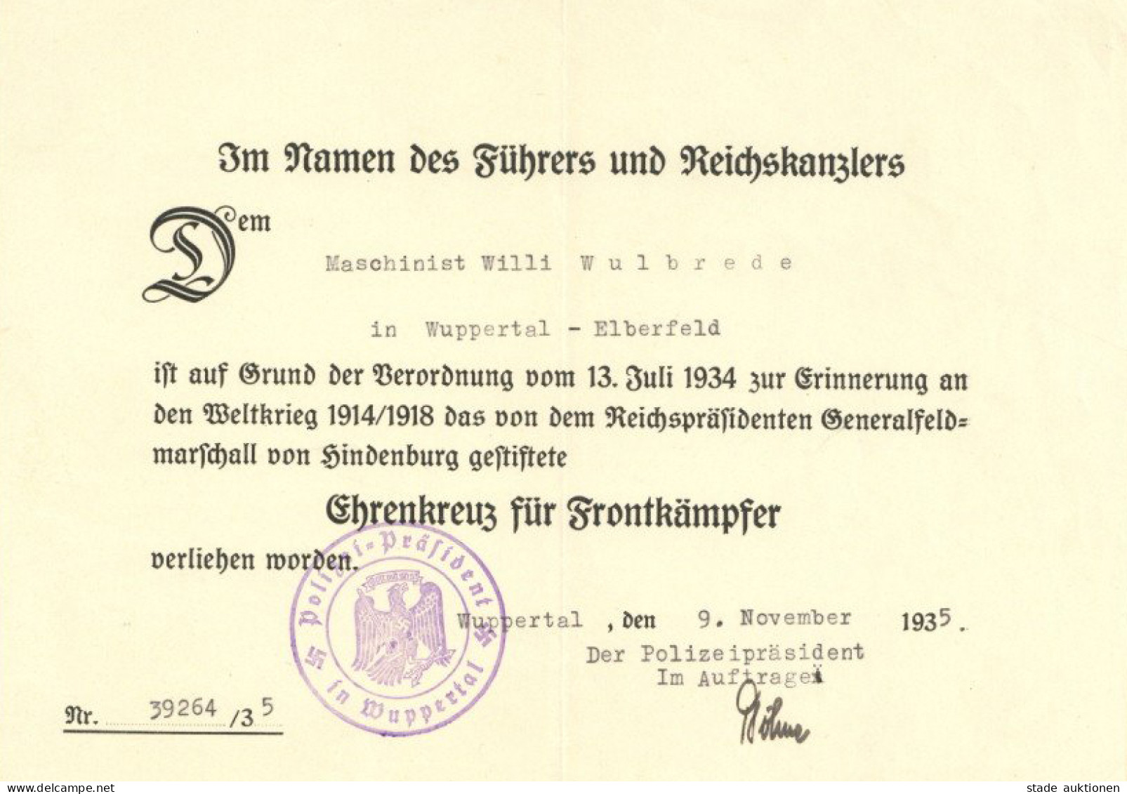 Verleihungsurkunde Ehrenkreuz Für Frontkämpfer, Wuppertal 1935 II - Weltkrieg 1939-45