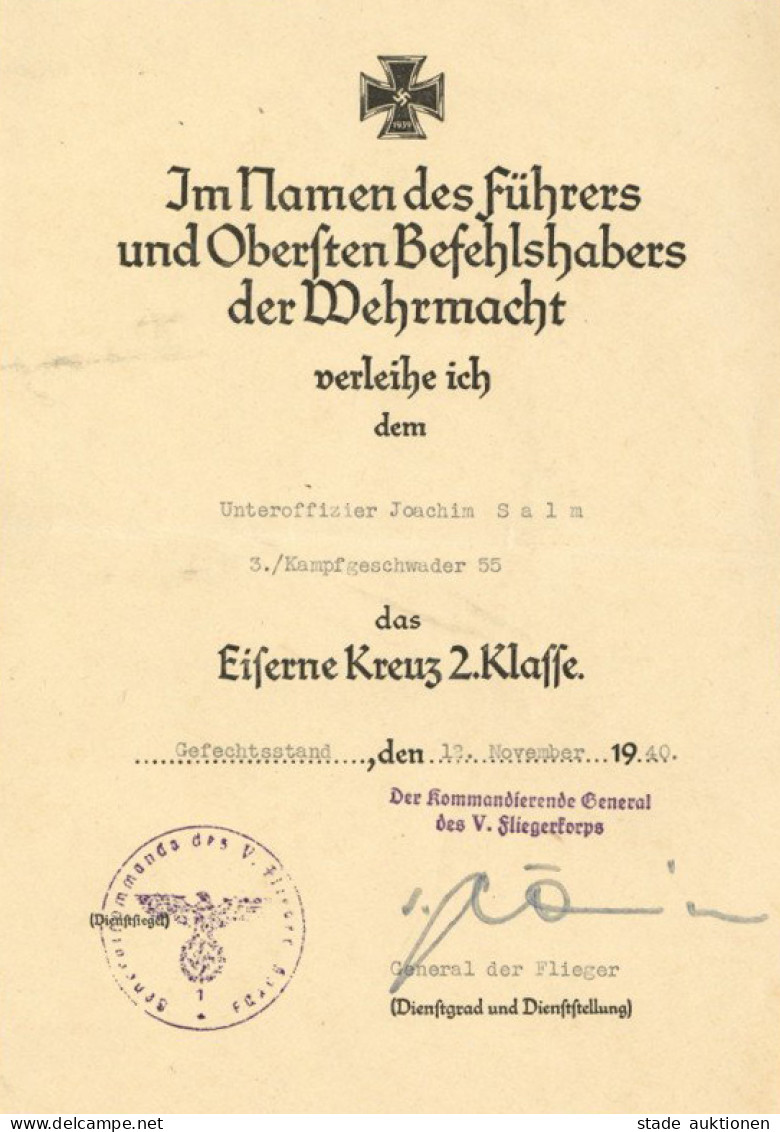 Verleihungsurkunde Eiserne Kreuz 2. Klasse An Unteroffizier Joachim Salm 1940 I-II - Weltkrieg 1939-45