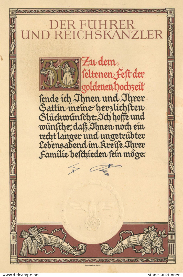 Verleihungsurkunde Goldene Hochzeit Mit Unterschrift Von Adolf Hitler, 24x35 Cm II (li. Unten 4cm Geklebter Einriss) - Guerra 1939-45