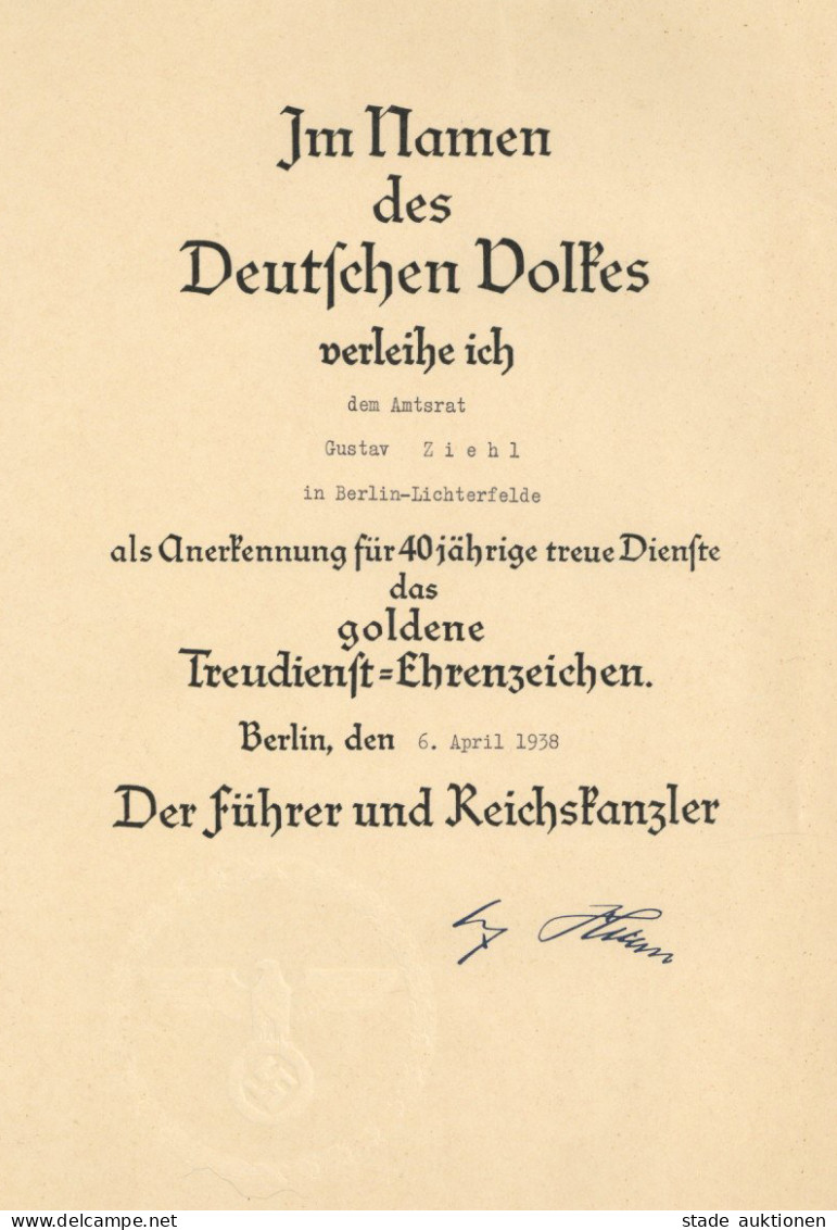 Verleihungsurkunde Goldenes Treudienst-Ehrenzeichen 1938, Sign. Führer Und Reichskanzler I-II - Weltkrieg 1939-45