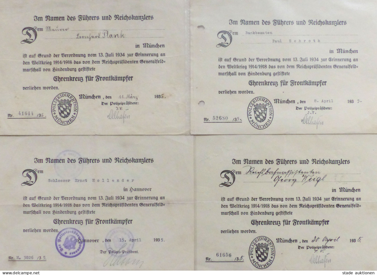 Verleihungsurkunde Lot 4x Ehrenkreuz Für Frontkämpfer 1935 I-II - Weltkrieg 1939-45