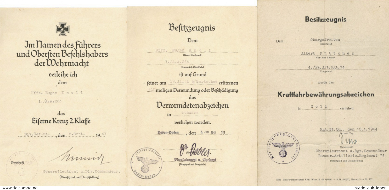 Verleihungsurkunde Lot Mit 1 Urkunde Und 2 Zeugnissen 1941-1944 II - War 1939-45