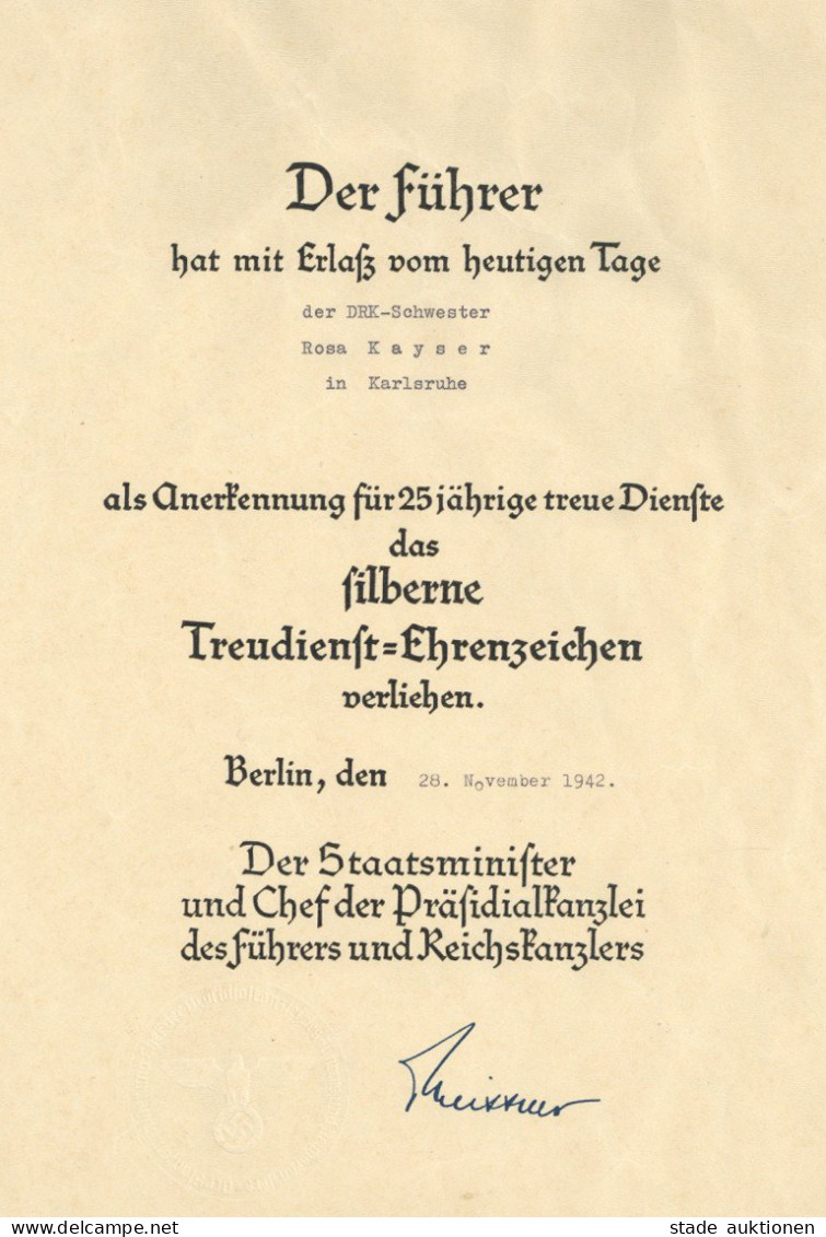 Verleihungsurkunde Silbernes Treudienst-Ehrenzeichen Berlin 28.11.1942 II - Guerre 1939-45
