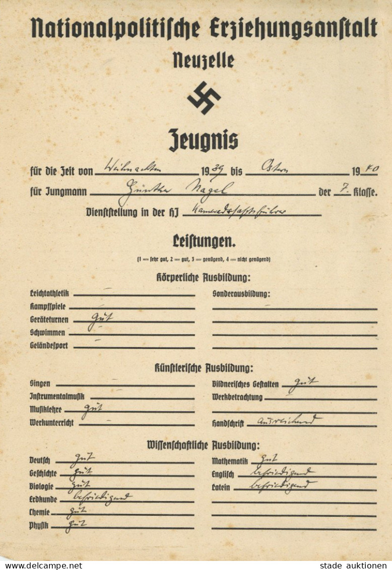 Verleihungsurkunde Zeugnis Nationalpolitische Erziehungsanstalt Neuzelle 18.3.1940 II - Guerre 1939-45