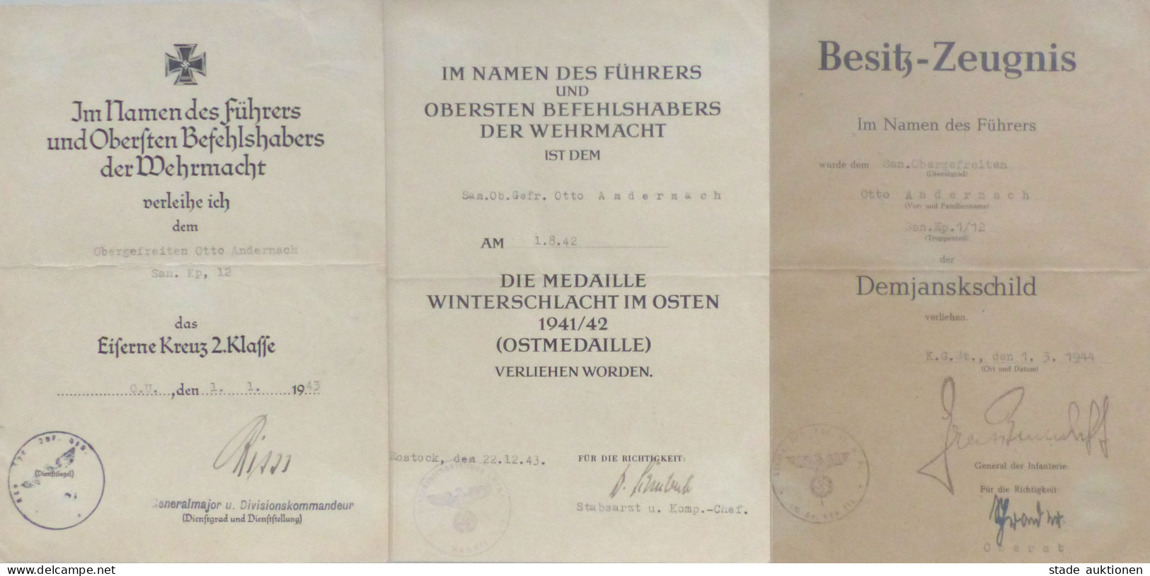 Verleihungsurkunden Ostmedaille, Eiserne Kreuz 2. Kl. Und Demjanskschild I-II - Guerre 1939-45