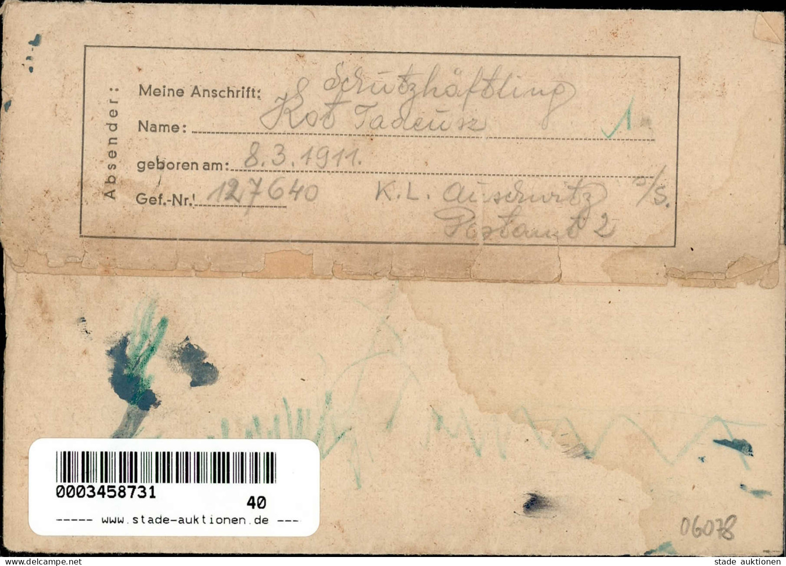 WK II KZ - Post Auschwitz Mit Lagerzensur 3.10.1943 II (fleckig, Eingerissen) - Guerra 1939-45