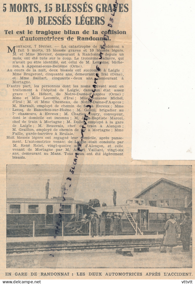 Document (1938), RANDONNAI (Orne), Collison Automotrices, 5 Morts Graves Et 10 Blessés Légers, Gare, Mortagne - Collections