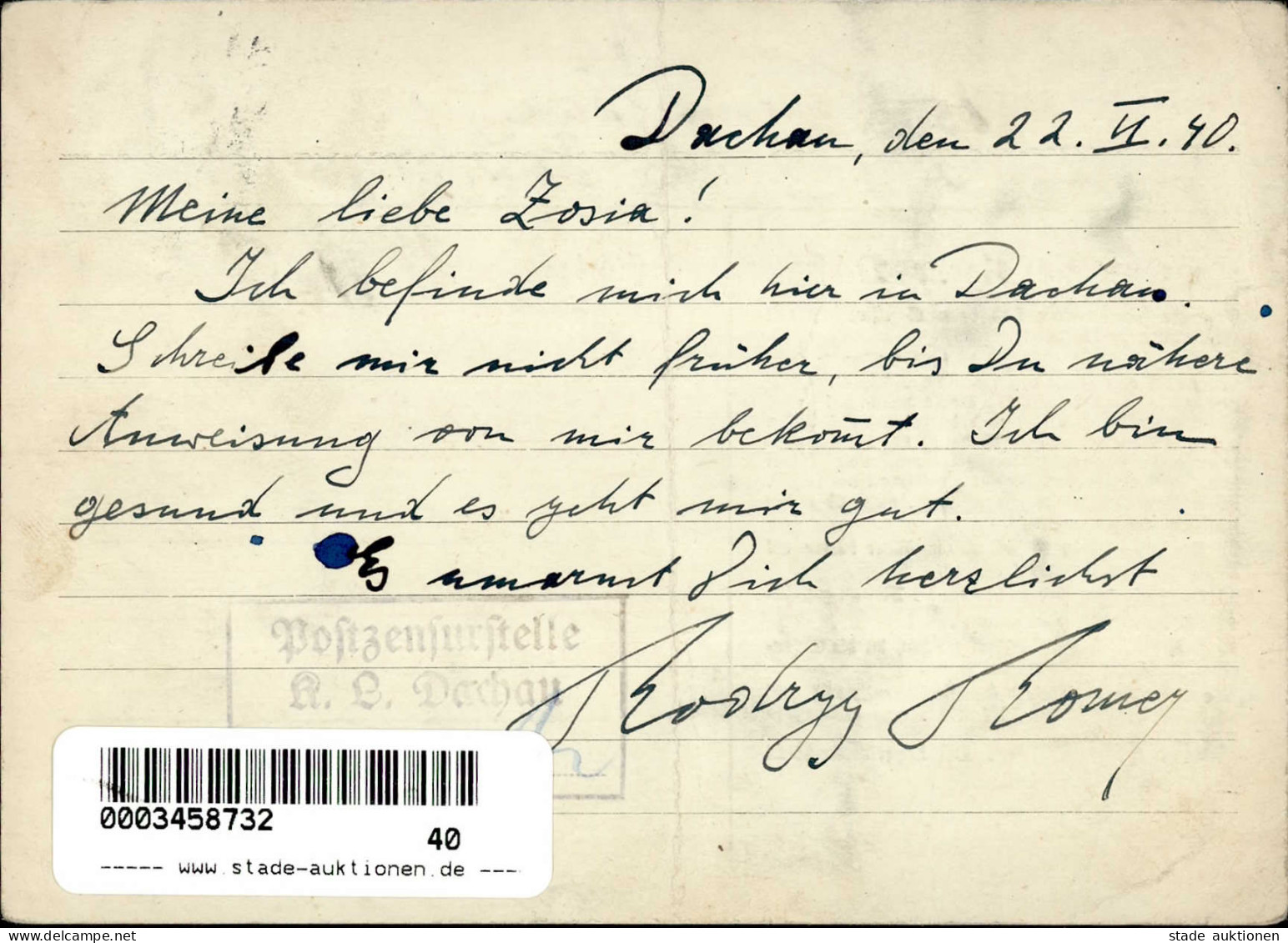 WK II KZ - Post Dachau 22.02.1940 I-II (Mittelknick) - Guerra 1939-45