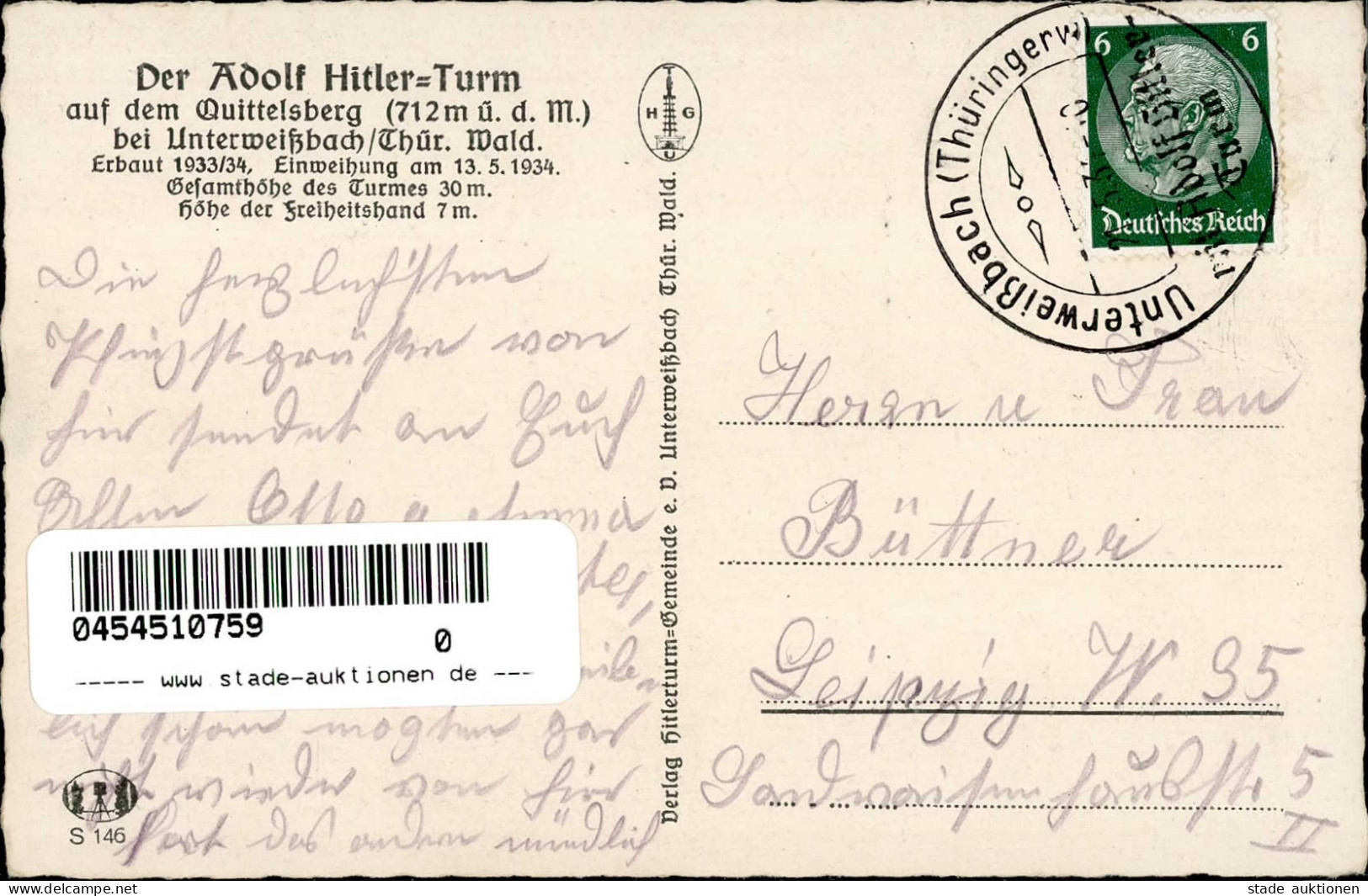UNTERWEIßBACH,Thür. WK II - Der ADOLF HITLER-TURM S-o 1934 I - Weltkrieg 1939-45