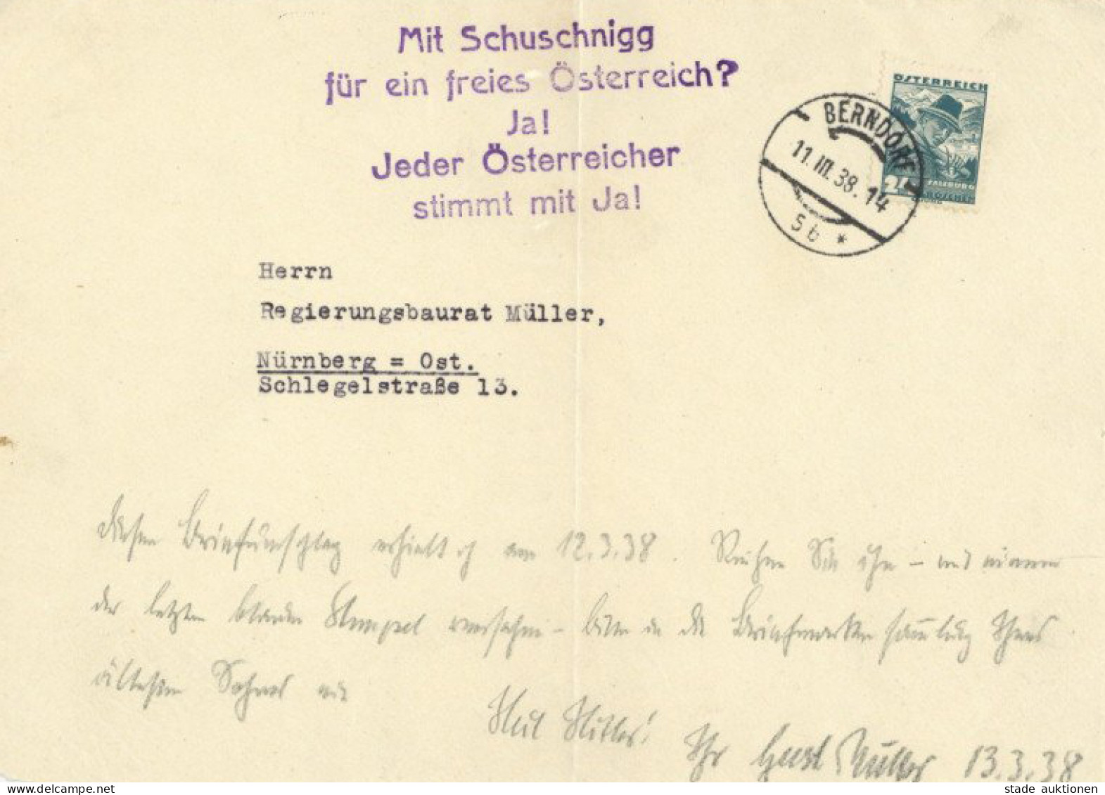 Antipropaganda WK II Österreichischer Antideutscher Propagandastempel Auf Briefvorderseite Vom 11.3.1938 (Tag Des Einmar - Weltkrieg 1939-45