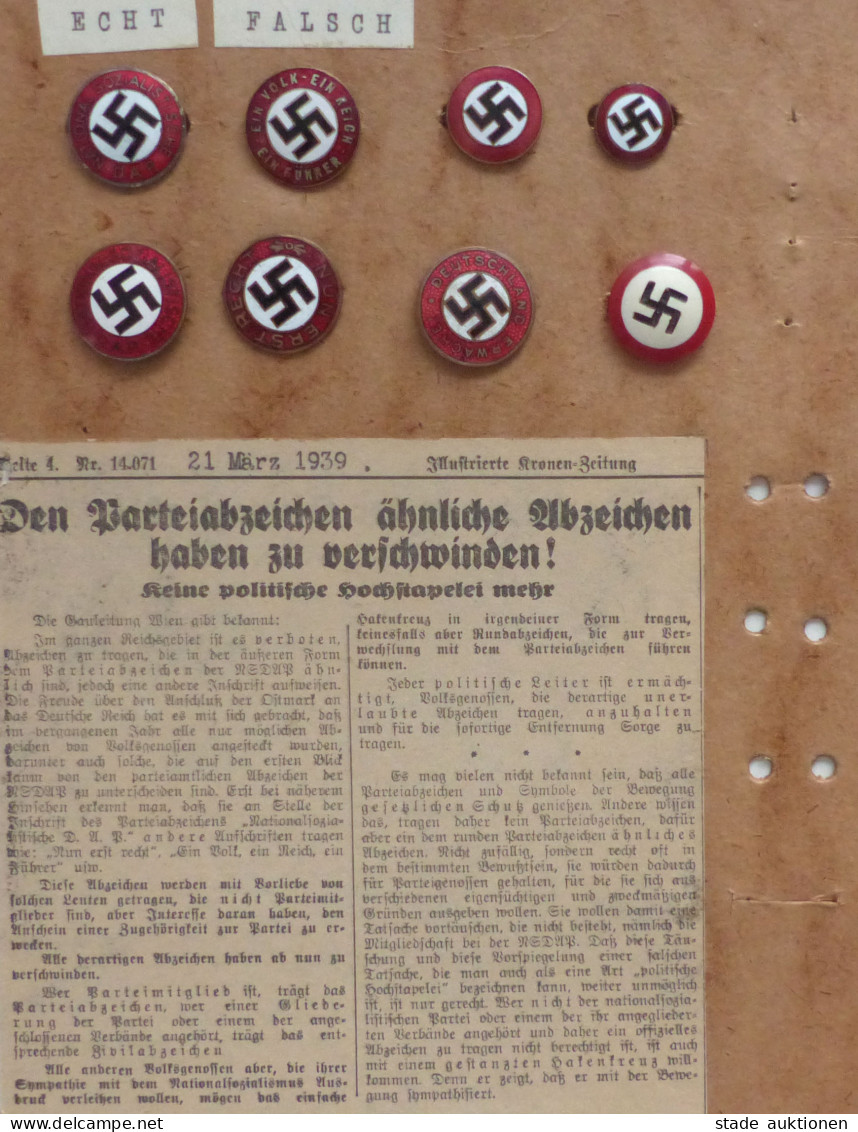 NSDAP Parteiabzeichen Schautafel Mit 2 Echten Abzeichen Und 6 Nachahmungen. Mit Zeitungsbericht Von 1939 Der Gauleitung  - Weltkrieg 1939-45