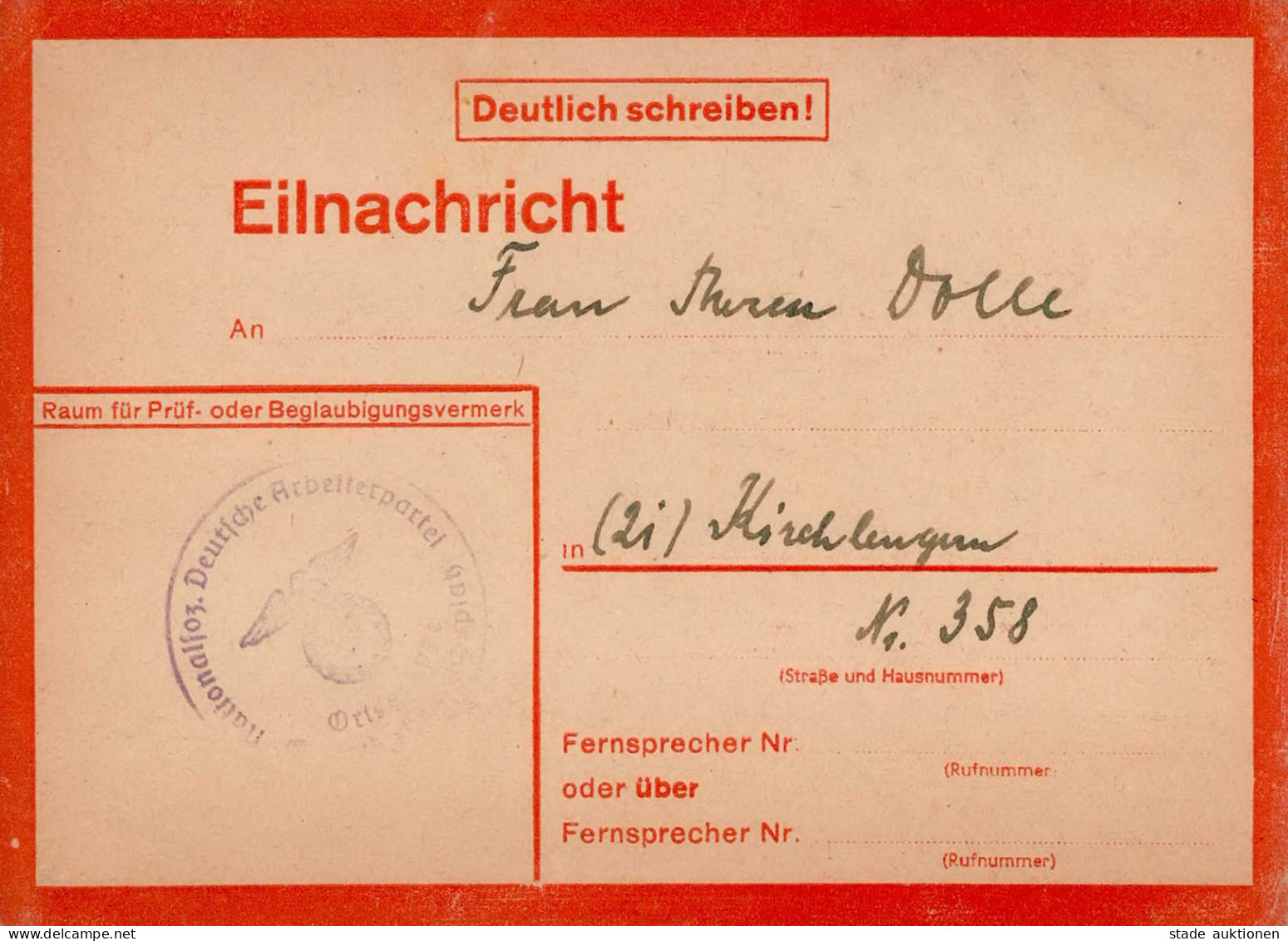 Eilnachrichtenkarte NSDAP Lebenszeichen Vom 6. März 1945 I- - Weltkrieg 1939-45