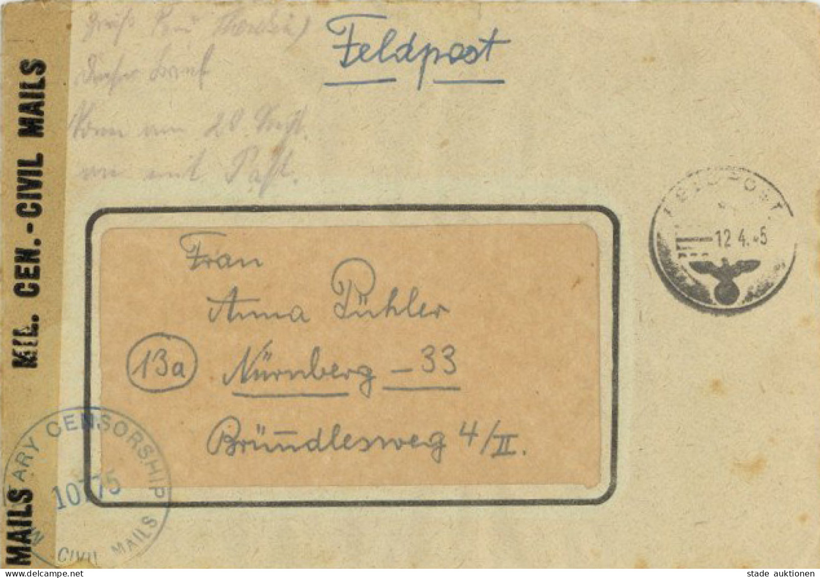 Feldpost WK II 12. April 1945 Überroller Mit US-Zensur Nach Nürnberg (Brief Mit Inhalt!) I-II - War 1939-45