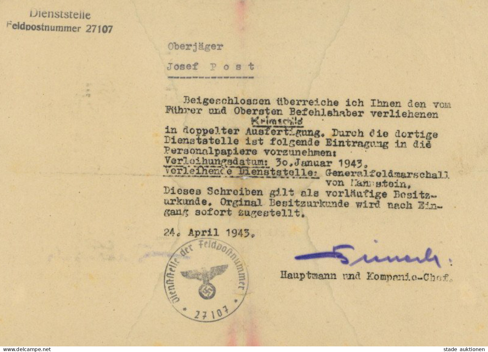 Feldpost WK II Briefinhalt Zur Verleihung Des Krimschild An Oberjäger Post, Josef 1943 II (fleckig,Faltloch) - Guerre 1939-45